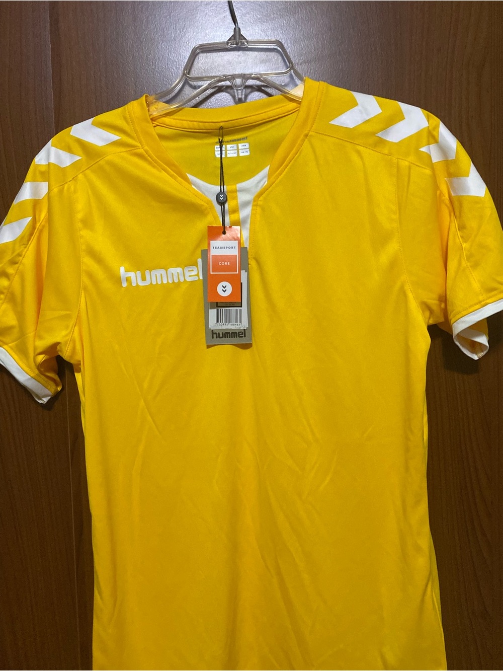 Hummel Yellow Men’s Short Sleeve Soccer Jersey with White Chevron Accents